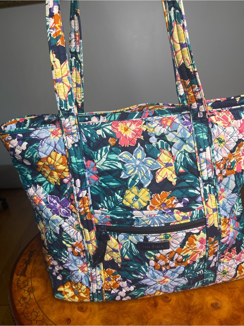 Vera Bradley Navy Floral Quilted Tote with Teal, Yellow & Purple Accents